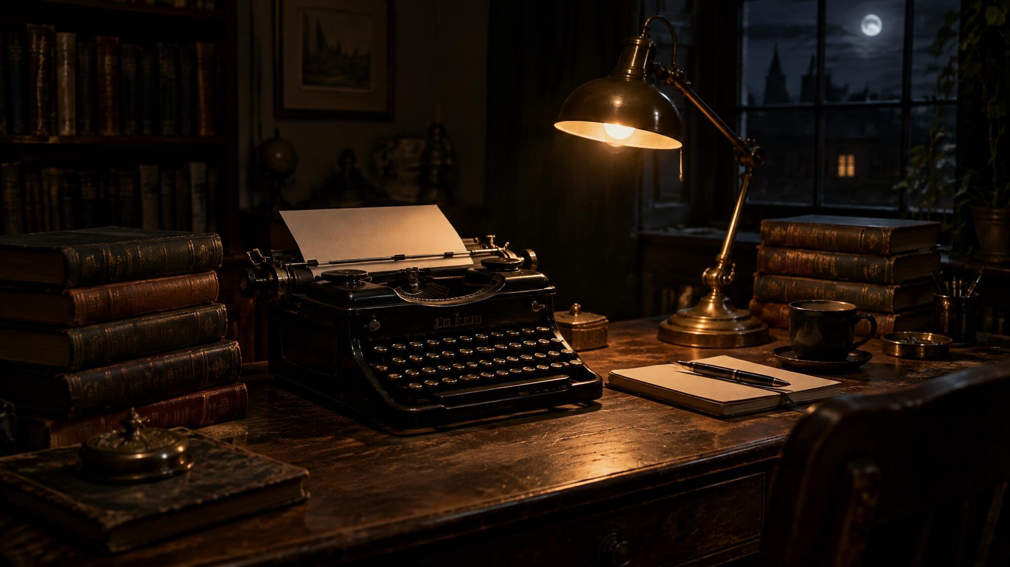 Dark moody writer's study with a vintage typewriter, old books and a small desk lamp