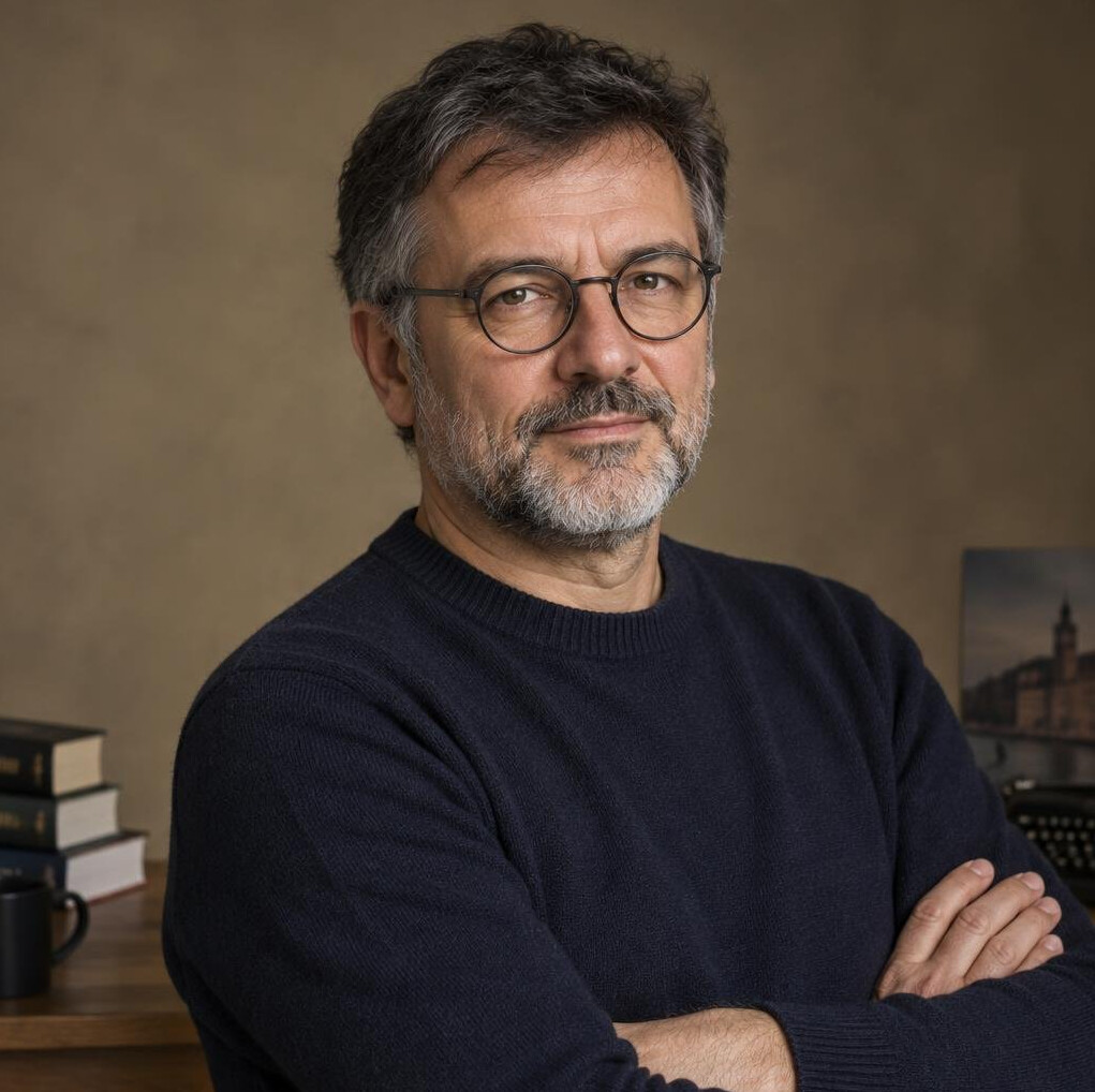 Studio portrait of a middle-aged Croatian male mystery novelist with a beard, wearing a dark sweater