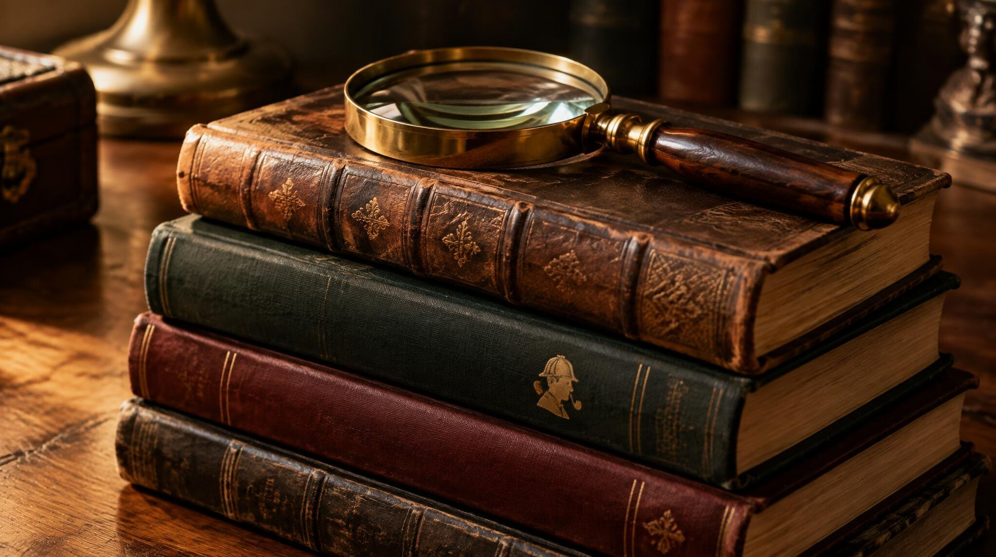 Stack of old hardcover mystery novels with a magnifying glass resting on top